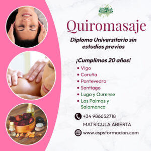 Curso de Quiromasaje en Santiago de Compostela, A Coruña Con diploma Universitario. El centro más antiguo de formación en Quiromasaje y Masaje Deportivo en Santiago, A Coruña